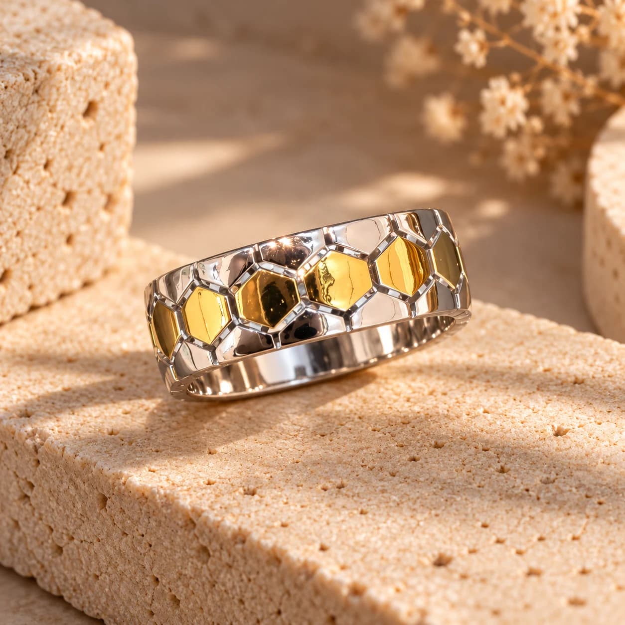 Men's Two-Tone Honeycomb Geometric Band Ring in 925 Sterling Silver | Noor-e-Chandi