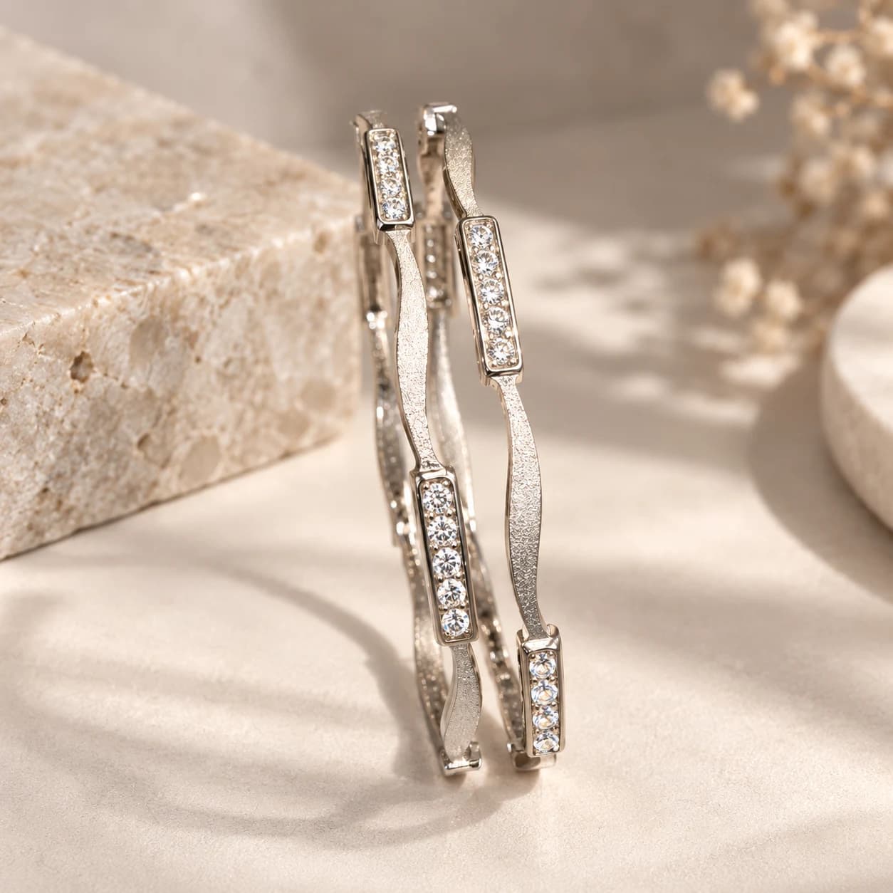Silver Textured Wave Zircon Bangles Set of 2 in 925 Sterling Silver | Noor-e-Chandi